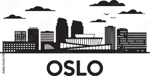 Black Silhouette of Oslo Skyline with Opera House and Barcode Buildings