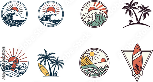 Vector graphic set of retro-style badges perfect for surf and beach themes