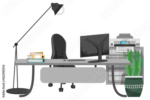 Office setup for home office work from home or manger executive customer relation with table chair pc computer files folder book and with printer houseplant