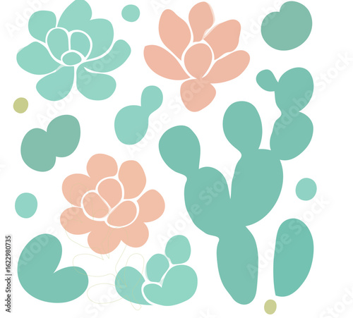 Collection of stylized succulent and cactus plant illustrations in pastel colors on a white background.