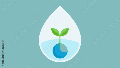 Germinating Seedling Inside Transparent Raindrop Blue Green