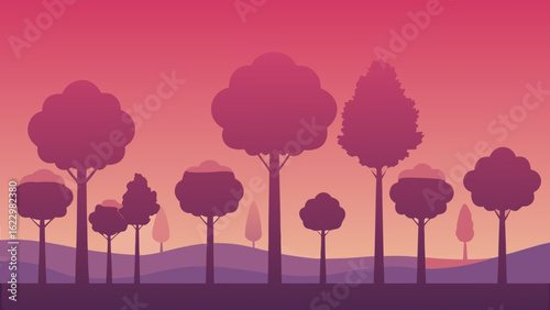 Pink Purple Gradient Trees Foggy Landscape Vector