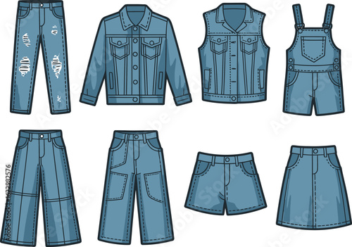 Denim Clothing Collection Blue Jacket, Vest, Pants, Ripped Jeans, Skirt Isolated