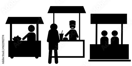 Sales booth icon or stand set in black. Icon both exhibition sales.