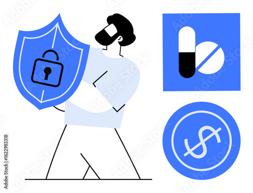 Man holding shield with lock, pill and dollar symbols nearby representing healthcare, finance, protection, insurance, financial security, safety, and accessibility. Ideal for healthcare finance