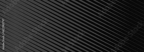 Black oblique straight line background. Modern dark linear abstract wallpaper. Luxury stripe gradient texture. Grey diagonal line backdrop for flyer, banner, poster, cover, presentation. Simple