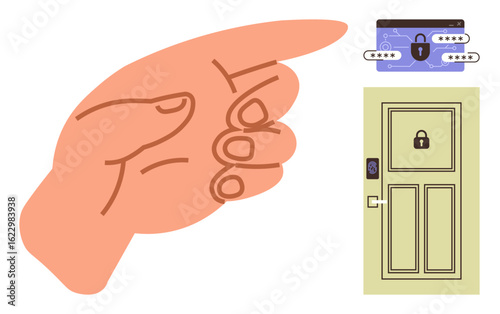 Hand gesture toward locked door and digital lock pad with security icons. Ideal for cybersecurity, digital identity, privacy, data protection, access control, safety, simple flat metaphor