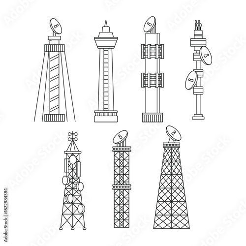 Set of Radio Tower Building Outline Line Art Collection isolated on white background, global digital technology construction with 5G, 4G, and mobile network equipment