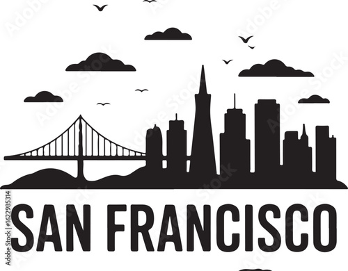 Black Silhouette of San Francisco Skyline with Golden Gate Bridge
