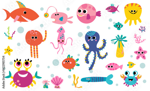 underwater cute animals ocean character vector illustration set. Marine life turtle, jellyfish, seaweed, shark, fish, seashell art vector collection for coloring book. Kid education 
