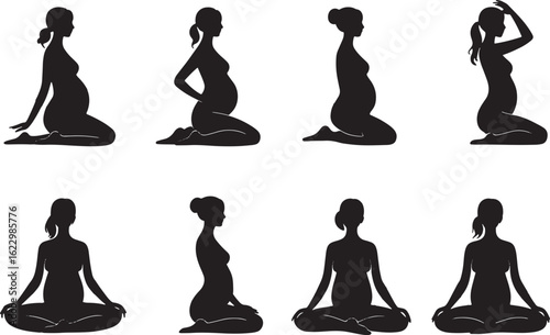 Pregnant Woman Silhouette Collection in Various Poses Against a Transparent Backdrop