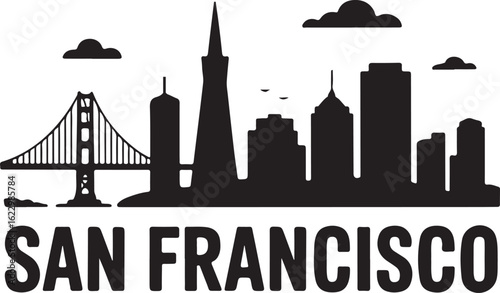 Black Silhouette of San Francisco Skyline with Golden Gate Bridge