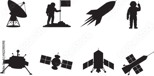 Detailed Vector Set of Space Exploration Icons Astronaut Rocket Satellite Lunar Lander and Antenna