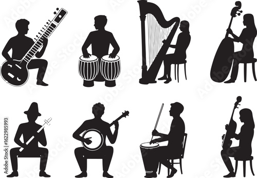 Elegant Vector Silhouettes of Musicians Playing Instruments Sitar Tabla Harp Cello Banjo Drum Violin