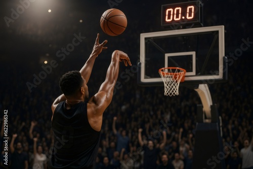 Basketball player attempting a final shot with the clock at zero in a packed stadium, creating a dramatic and exciting moment