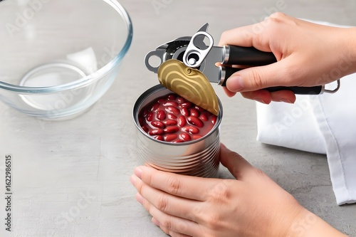 Close-up of hands opening a canned red beans with a can opener on a clean kitchen