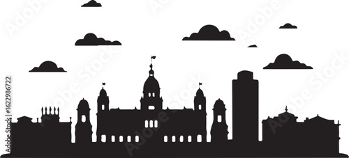 Black Silhouette of Madrid Skyline with Royal Palace and Metropolis Building