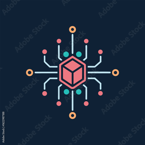 Vector art of abstract technological network with nodes and connections, representing data processing