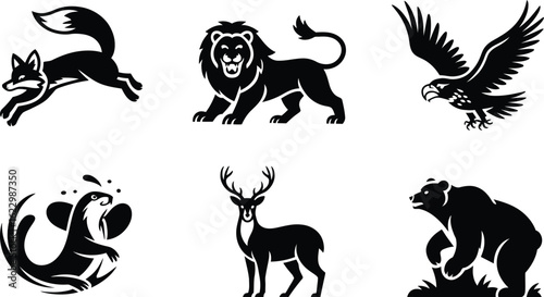 Collection of Six Stylized Black Animal Silhouettes on White running lion