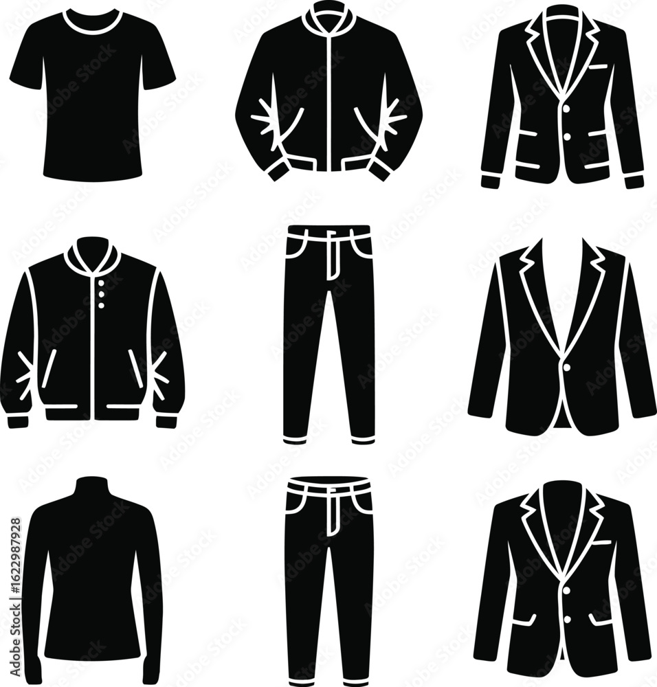 Naklejka premium Nine black clothing and apparel icons on a white background t-shirt bomber jacket