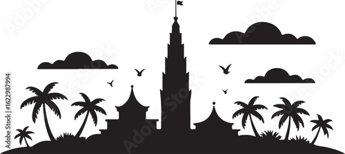 Black Silhouette of Palikir Skyline with Congress Building and Tropical Forest