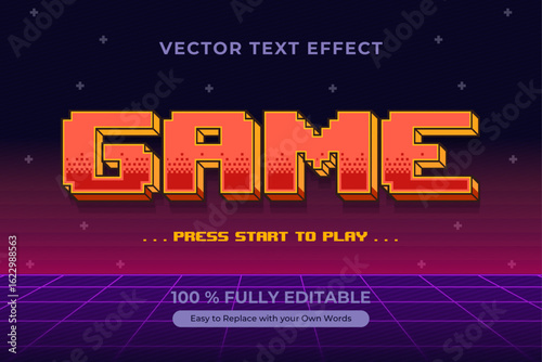 Retro pixel art editable text effect with Game in orange and yellow evokes classic arcade vibes