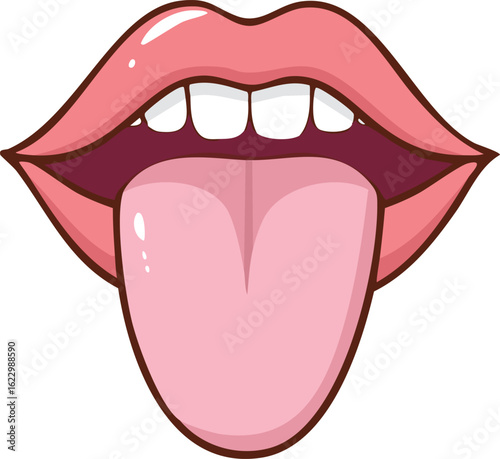 Cartoon illustration of a mouth with pink lips and a protruding tongue.