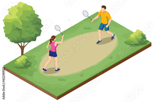 An isometric illustration of a man and a woman playing badminton as a mixed doubles team, depicting teamwork, competition, and outdoor recreation.