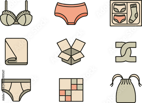 Underwear Bra Set, Box, Socks, Towel, Open Box, Knot, Tiles, Bag on white background