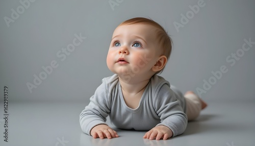 A close-up portrait of a cute, curious baby with big blue eyes, lying on a gray background, looking up with a thoughtful expression, soft skin, chubby cheeks, delicate features, natural lighting