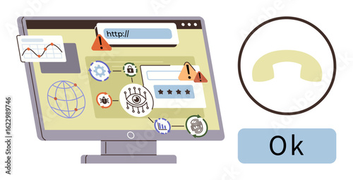 Computer monitor with browser warnings, malware icons, and security symbols. Ideal for cybersecurity, internet safety, hacking, phishing, online security, risk awareness simple flat metaphor
