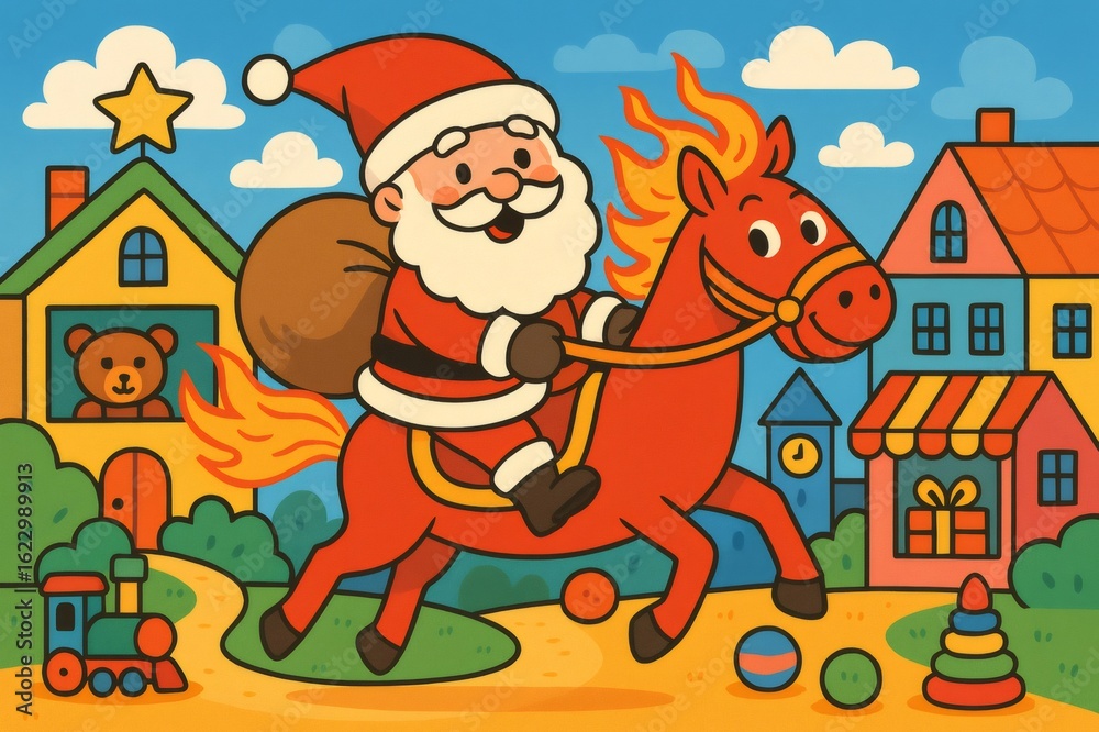 Naklejka premium Santa Claus is riding a flaming horse carrying a bag of gifts, delivering presents to children in a colorful town, creating a joyful and magical Christmas atmosphere