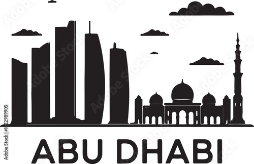Black Silhouette of Abu Dhabi Skyline with Etihad Towers and Sheikh Zayed Mosque