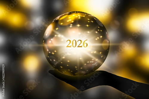 fortunetelling 2026 with a crystal ball in a hand, festive atmosphere for happy new year party or award ceremony or other celebrations, 3d illustration
