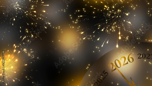 happy new year 2026 countdown clock on abstract glittering fireworks sky with copy space, festive party invitation card concept for new years eve