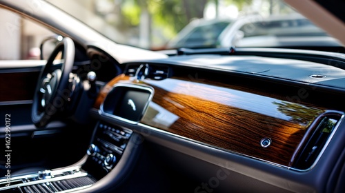 Sleek car interior with wood accents, elegant control knob, and bright sunlight.
