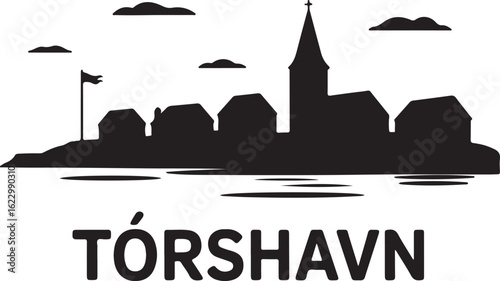 Black Silhouette of Tórshavn Skyline with Turf-Roofed Houses and Marina