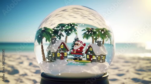 Santa surfing in a snow globe by the beach