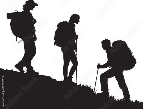 Hikers Silhouettes Ascending a Mountain Trail