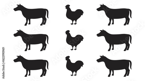 Farm animals silhouettes horse rooster