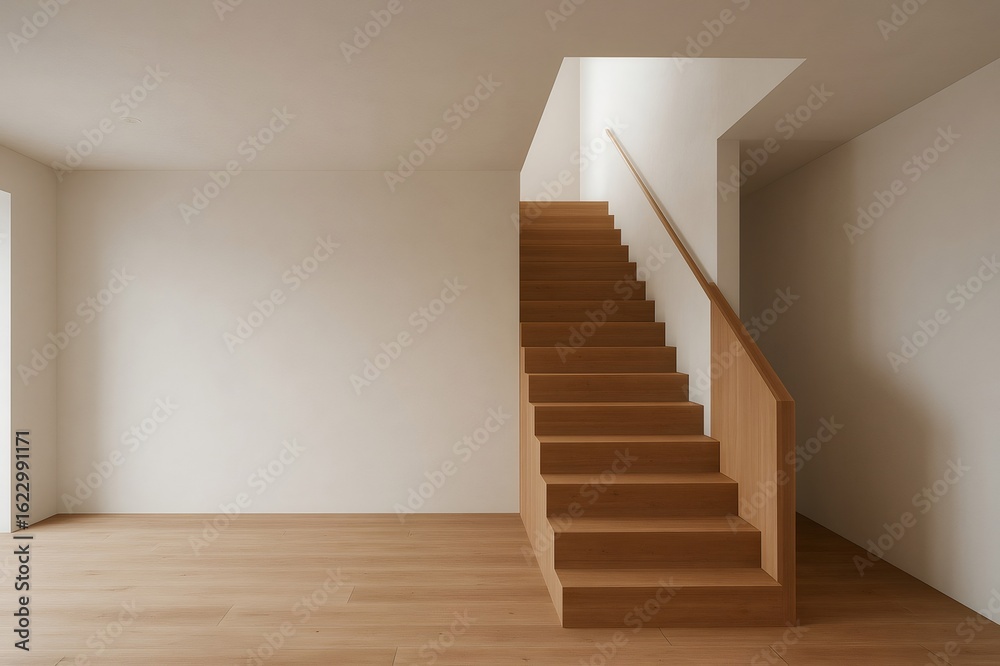 Obraz premium Light wooden staircase in a modern minimalist style apartment with wooden floor and white walls, natural light entering from a window