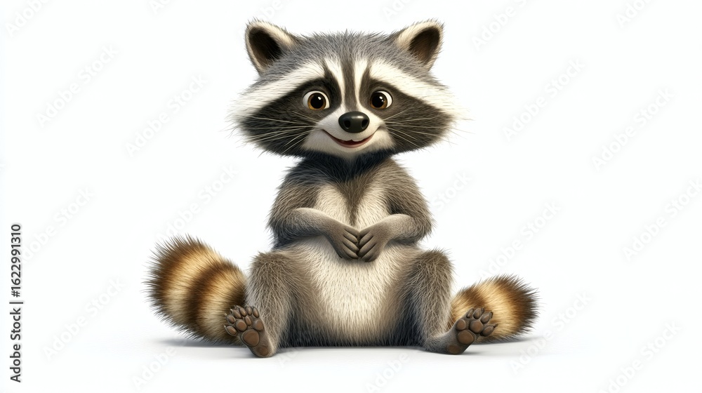 Obraz premium A cheerful cartoon raccoon sits on a plain background.