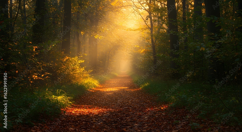 Obraz premium A sunlit path winds through a dense, vibrant forest, bathed in golden light.