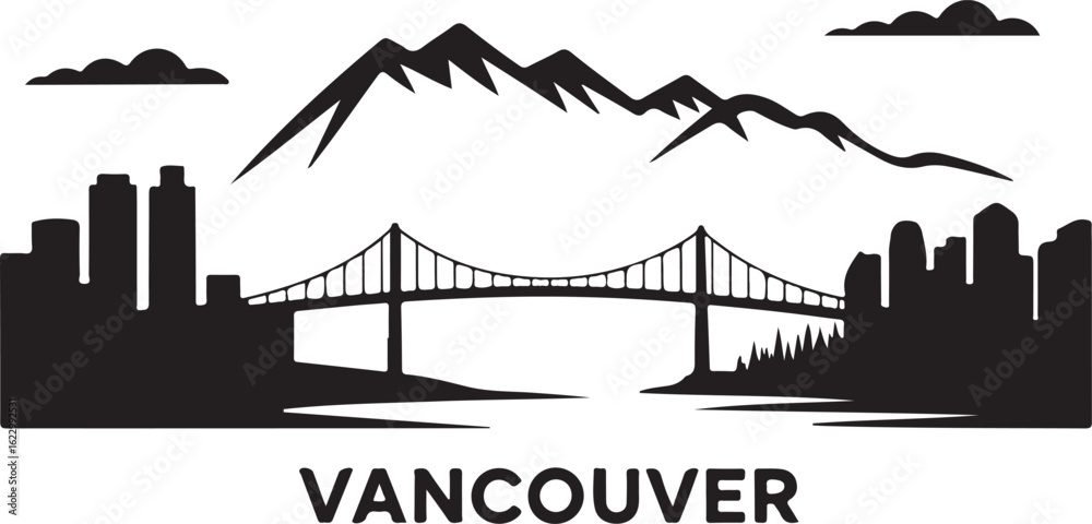 Fototapeta premium Black Silhouette of Vancouver Skyline with Harbour Centre and Lions Gate Bridge
