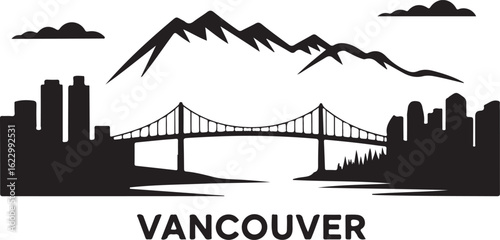 Black Silhouette of Vancouver Skyline with Harbour Centre and Lions Gate Bridge