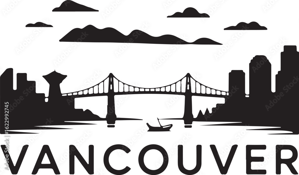 Fototapeta premium Black Silhouette of Vancouver Skyline with Harbour Centre and Lions Gate Bridge