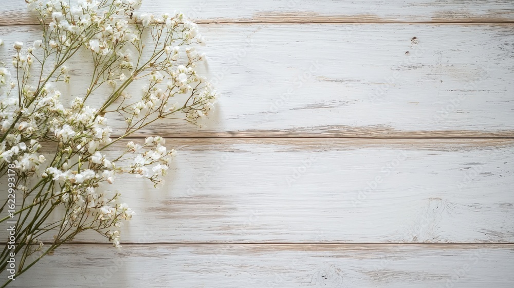 Fototapeta premium A white wooden table with a bouquet of white flowers on it.