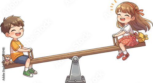 Cheerful cartoon boy and girl happily playing on a seesaw. An adorable vector illustration depicting childhood friendship, fun, and balance.