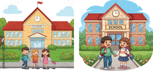 Cartoon illustration set of happy children and students going back to school. Kids with backpacks walking in front of the school building.
