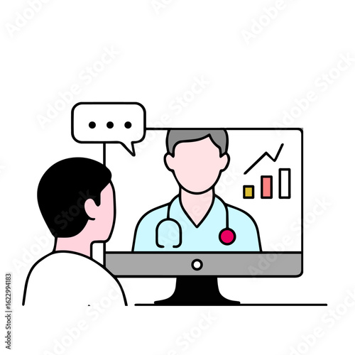 Professional vector illustration depicting telemedicine in action. Shows a doctor interacting with a patient via a digital device. Remote diagnostics and virtual consultancy